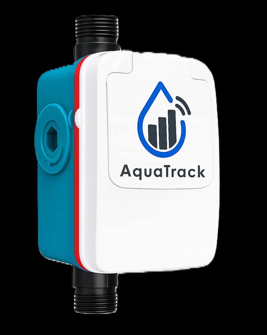 Medidor AquaTrack: cuerpo turquesa con roscas de conexión y tapa blanca con el logo